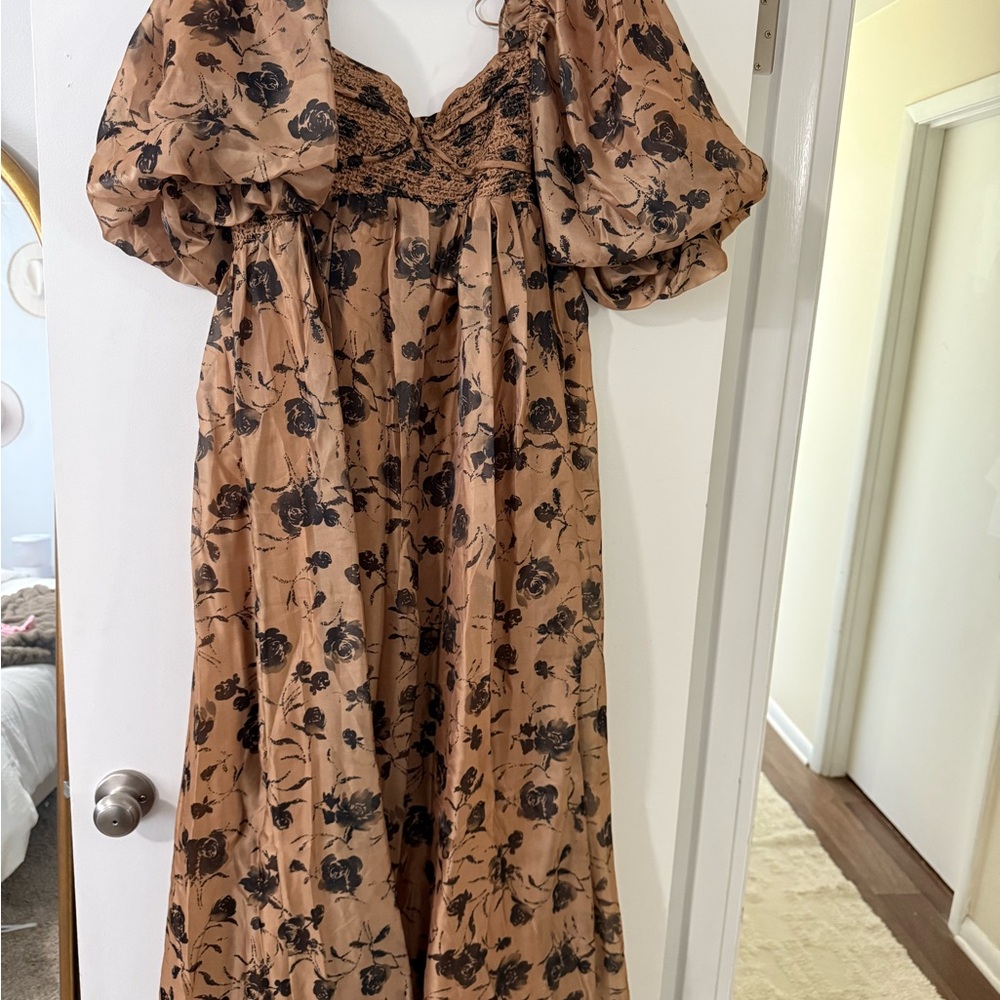 Tan and Black Ruffled Tiered Maxi Dress with Puff Sleeves